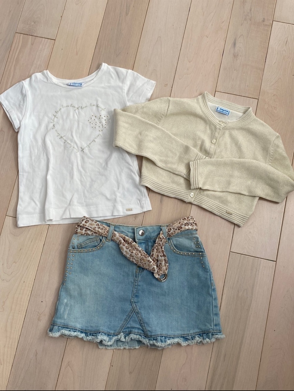 Mayoral Cream Knit Cardigan White Embellished Tee & Jean skirt